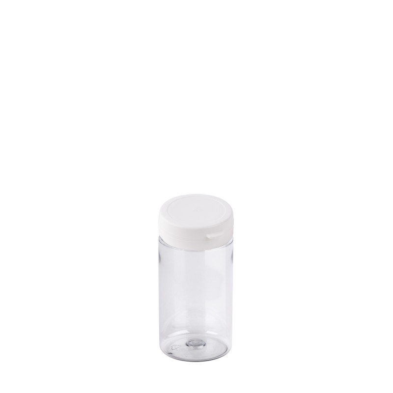 Βάζο πλαστικό pet διάφανο Pill Jar 100ml με  Λευκό πώμα ασφαλείας 